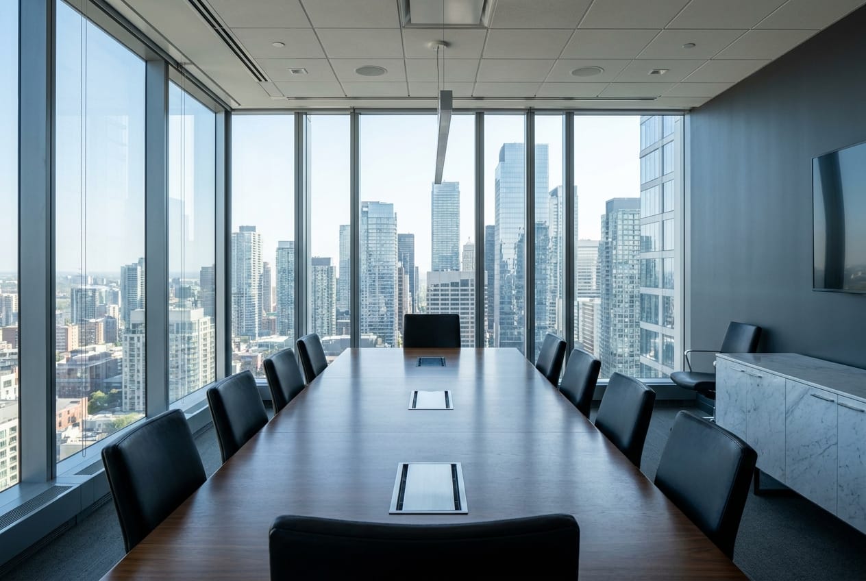 An executive boardroom overlooking a city skyline