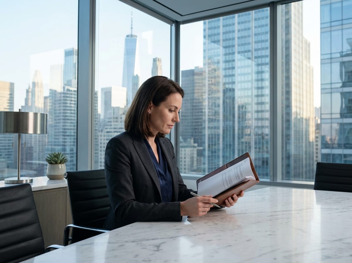 An executive reviewing acquisition documents in a glass corner office