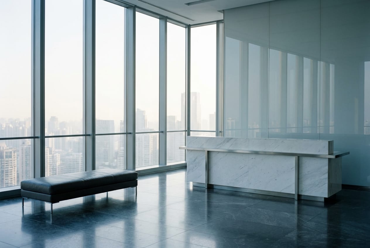 The marble lobby of a corporate office tower