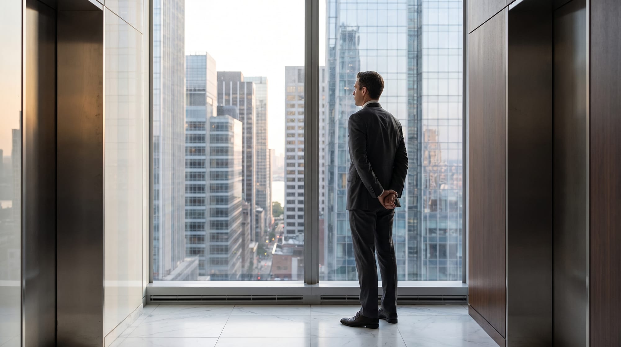 An executive looking out over a downtown skyline from a high-rise office