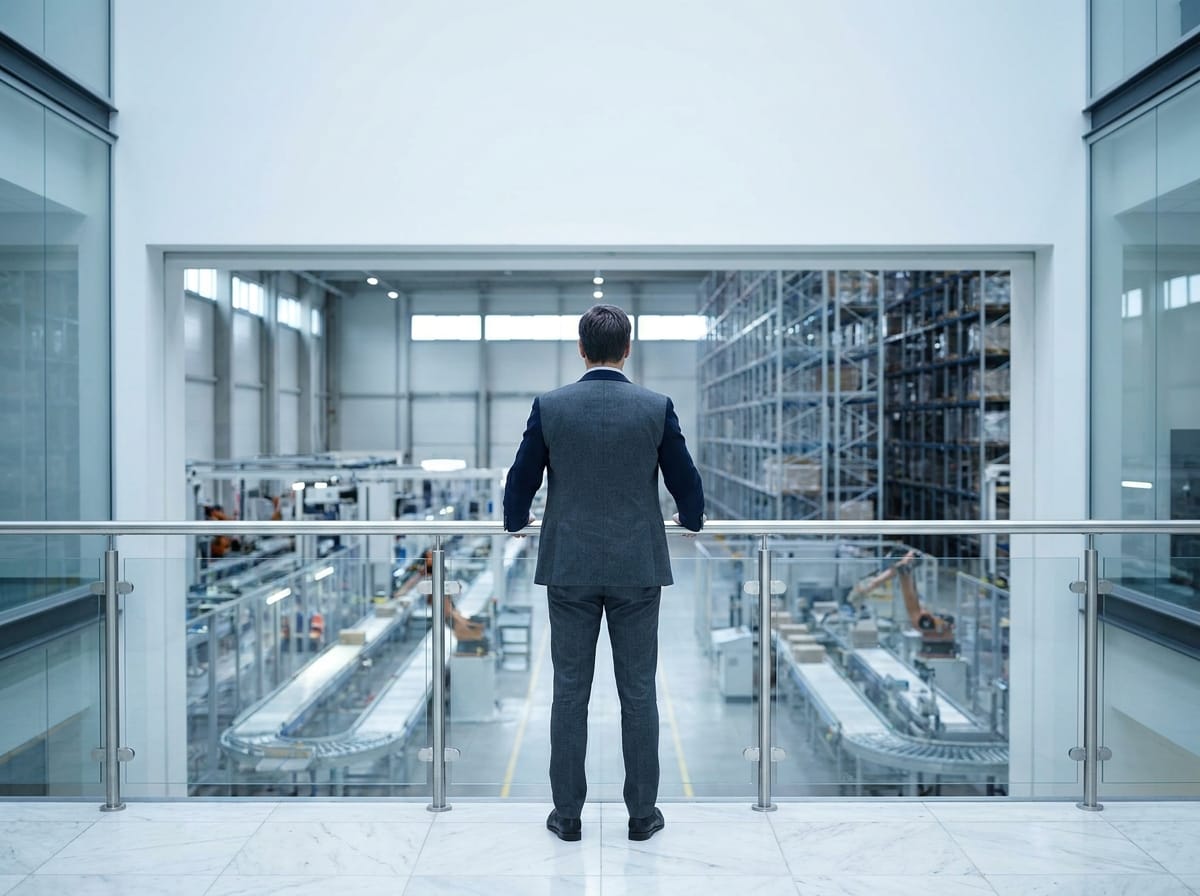 An automated distribution center seen from a mezzanine