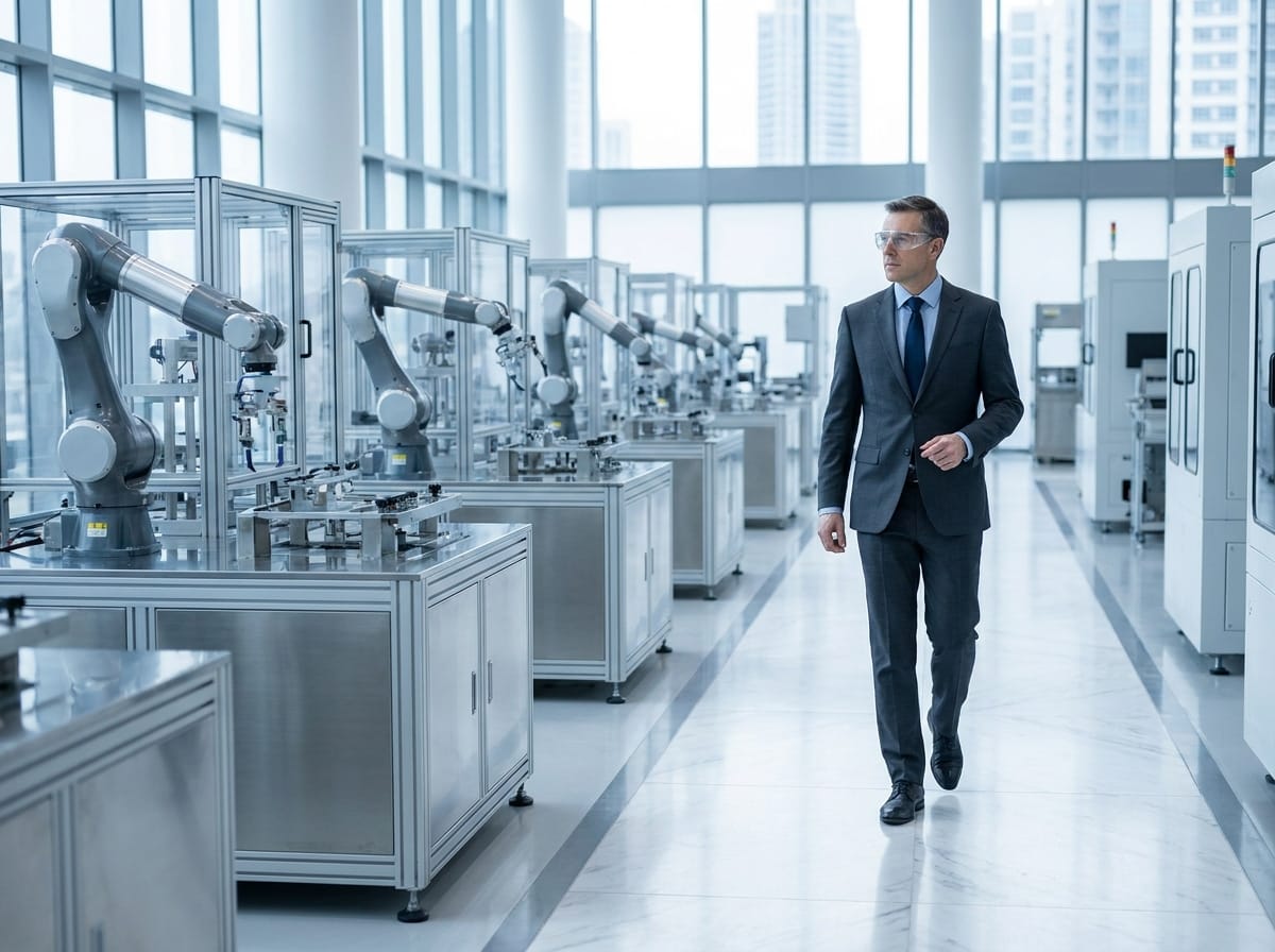 An executive walking through a modern advanced manufacturing facility